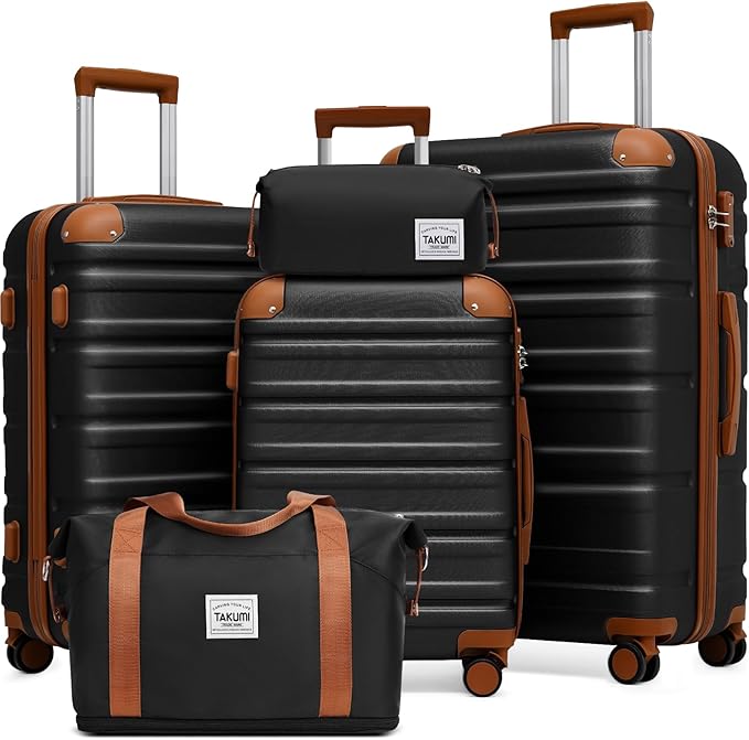 TAKUMI Luggage Sets 5 Piece Lightweight Carry On luggage with Duffel Bag ABS+PC Hardshell Suitcases with YKK zippers Double Spinner Wheels Travel Luggage with TSA Lock(BLACK BROWN, 5 PIECE SET)