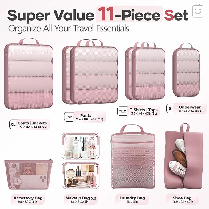 Veken 11 Set Compression Packing Cubes for Travel Essentials,Compressible Expandable Large Luggage Suitcase Organizer Bags for Clothing,Durable Space Saver Storage Bags with Toiletry Bags(Light Coral)