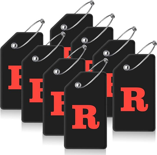 Gostwo 8 Pack Luggage Tags for Suitcases, 26 Initial Letter Travel Luggage Baggage Identification Labels ID Tags Fully Bendable Tags with Stainless Steel Loop (Letter R, Black)