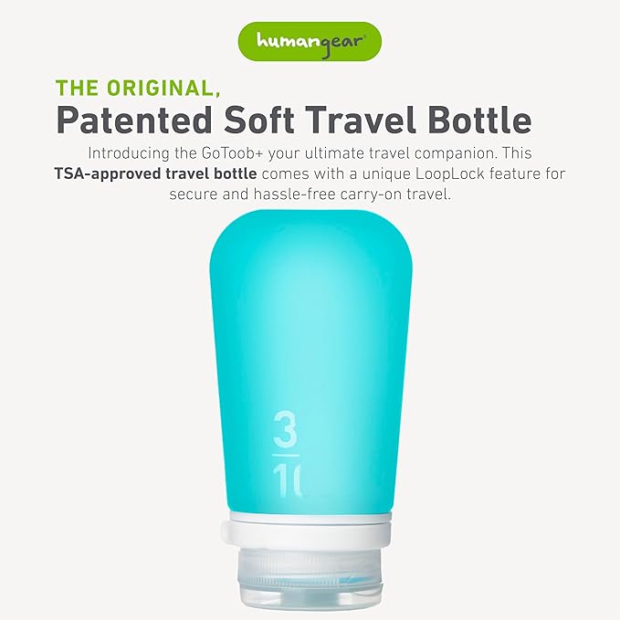 humangear GoToob+ (Large) | Refillable Silicone Travel Bottle | Locking Lid | Food-Safe Material | Aqua, Large (3.4 fl.oz.; 100ml)
