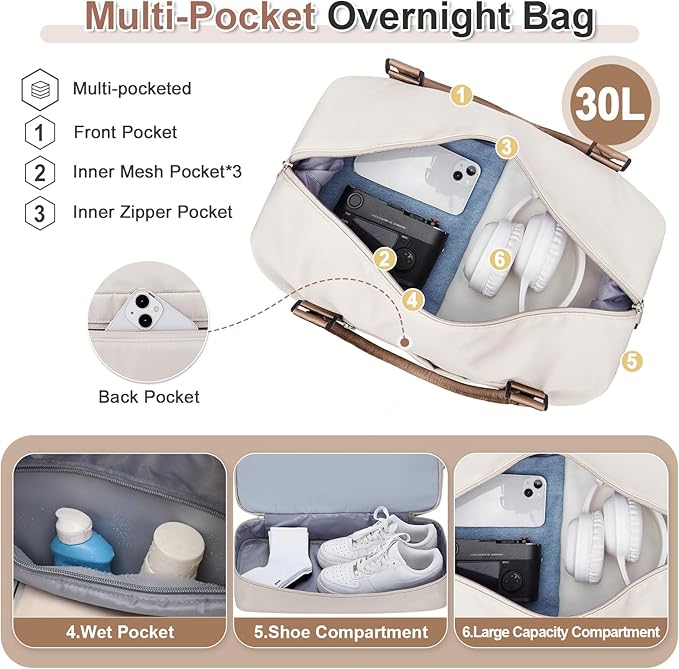 Weekender Bags for Women, Travel Duffel Bags with Shoe Compartment & Wet Pocket,Travel Bag for Airlines,Carry on Overnight Tote Bag for women with Toiletry Bag,3Pcs Set，Beige & Brown