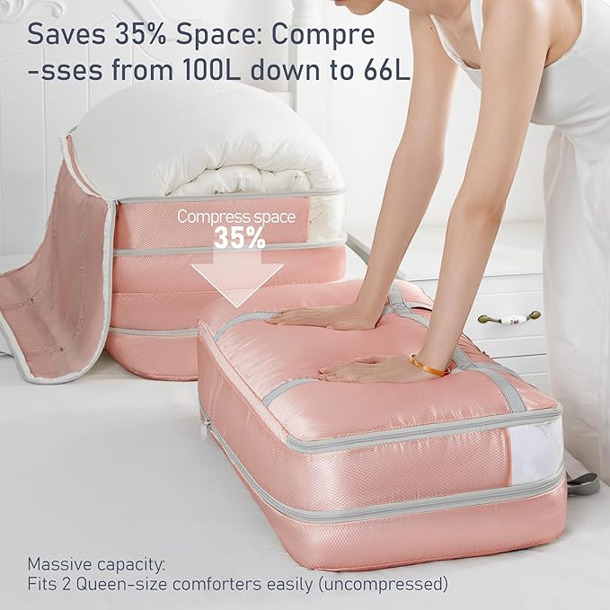 DIMJ Large Comforter Storage Bag with Handls, 100L Washable Blanket Storage, Compression Packing Totes Moving Bags With Zipper, Space Saving Containers For Pillow, Clothes, Bedding, 4 PCS