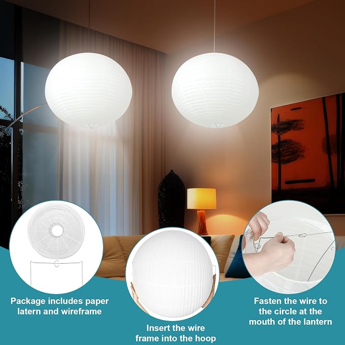 Rossesay 2 Sets Jumbo Round Paper Lanterns with Lamp Cord Cable White Hanging Paper Lanterns Chinese Japanese Pendant Hanging Lamp for Birthday Wedding Bridal Anniversary Party Decoration(30 Inch)