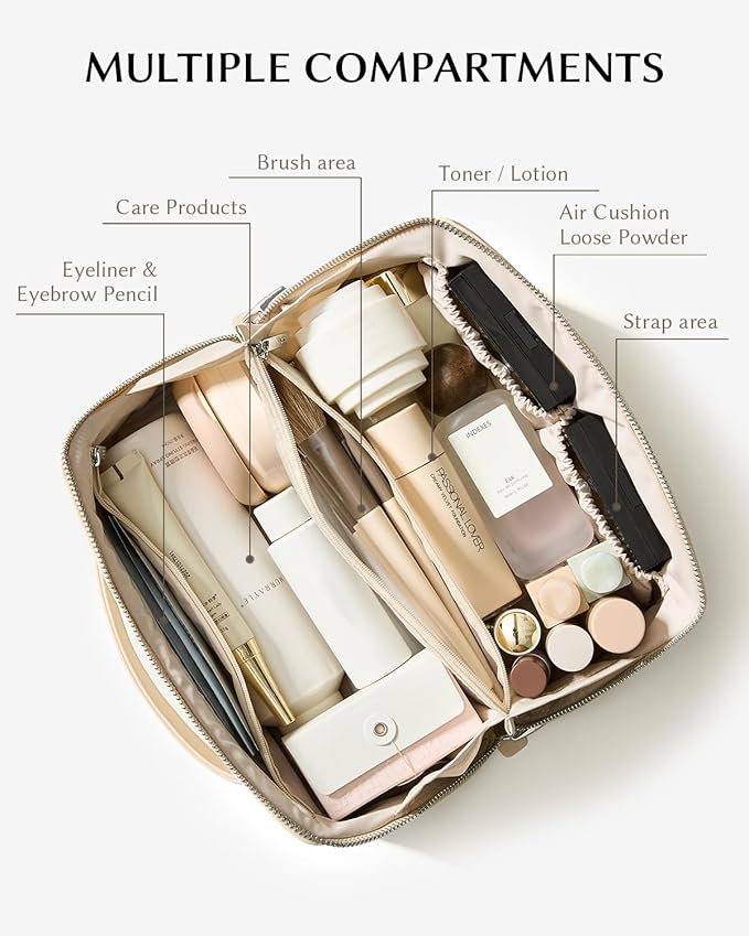EACHY Travel Makeup Bag, Large Capacity Cosmetic Bag for Women, Waterproof PU Leather, Flat Open Portable Toiletry Bag for Skincare, Brushes & Travel Essentials
