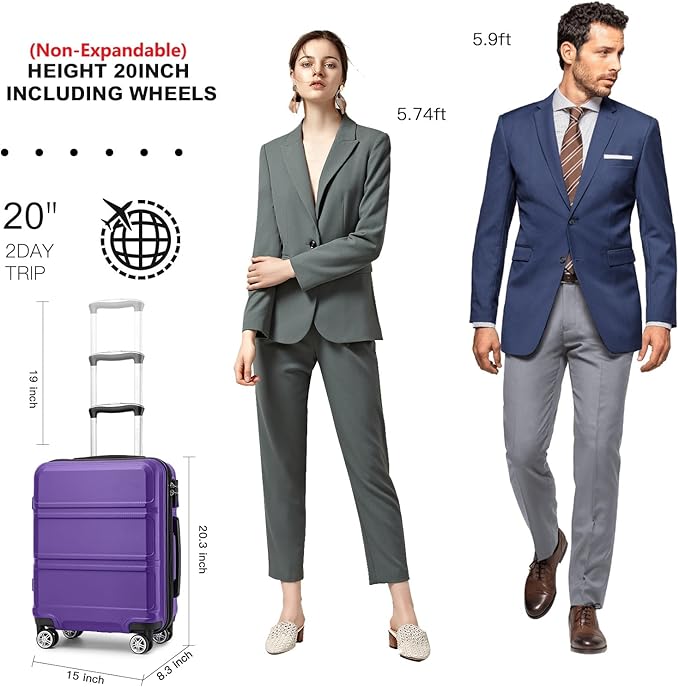 Kono 20" Carry on Luggage with Spinner Wheel TSA Lock, Lightweight PC+ABS Hardside Luggage Durable Small Carry on Suitcase Purple