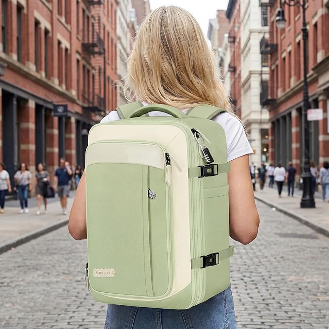 Vancropak Carry on Backpack for Women, Large Expandable Travel Backpack Fits 17.3" Laptop, Airplane Approved Suitcase Bag with Shoe Compartment, Lightweight Anti Theft Weekender Bag for Travel, Green