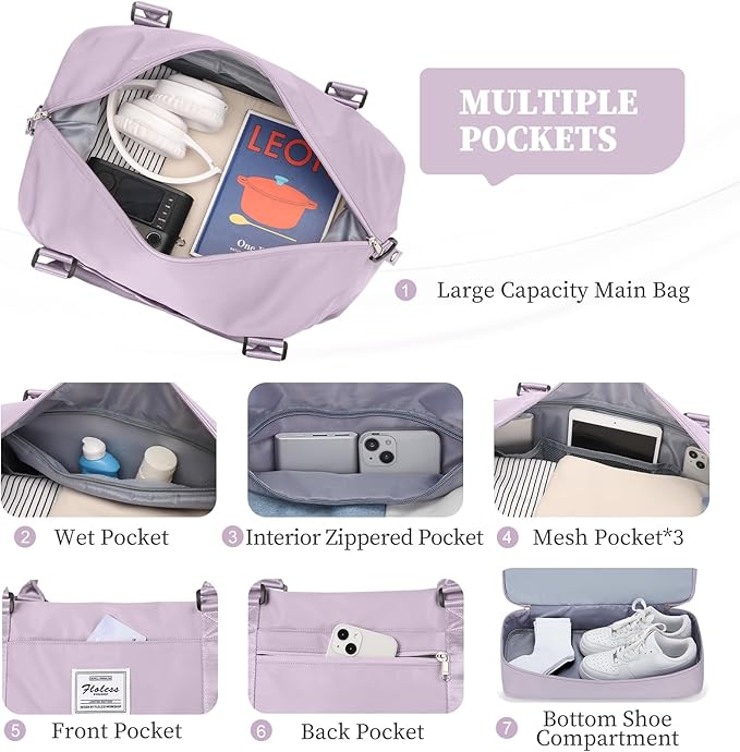 Weekender Bags for Women,Overnight Travel Duffel Bag with Shoes Compartment& Toiletry Bag,Extra Large(Purple)