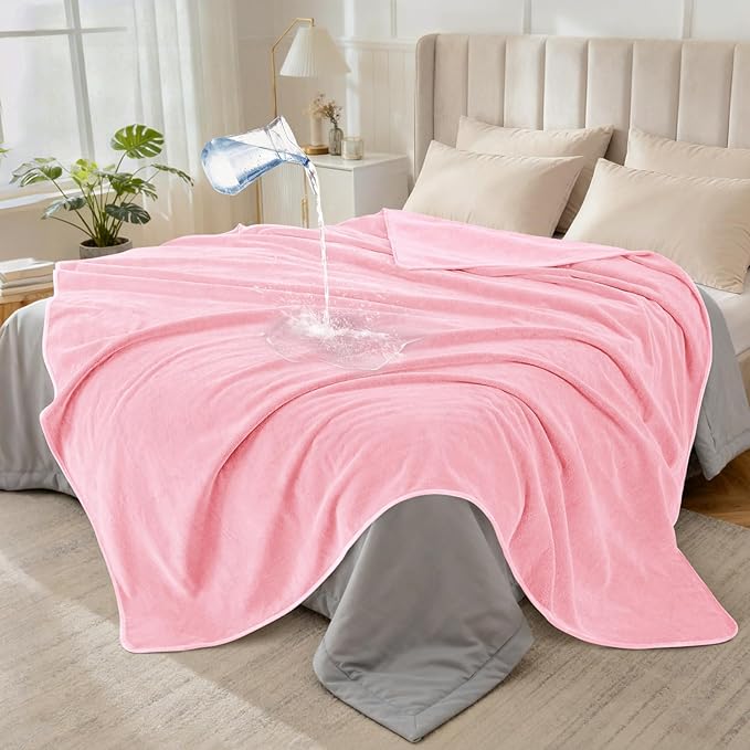 LOOBANI Waterproof Blanket for Bed Couch: Soft Coral Fleece Twin Bed Blankets Waterproof 60" x 80", Reversible Leakproof Throw Blanket, Stain-Resistant Furniture Protector, Pet-Friendly, Pink