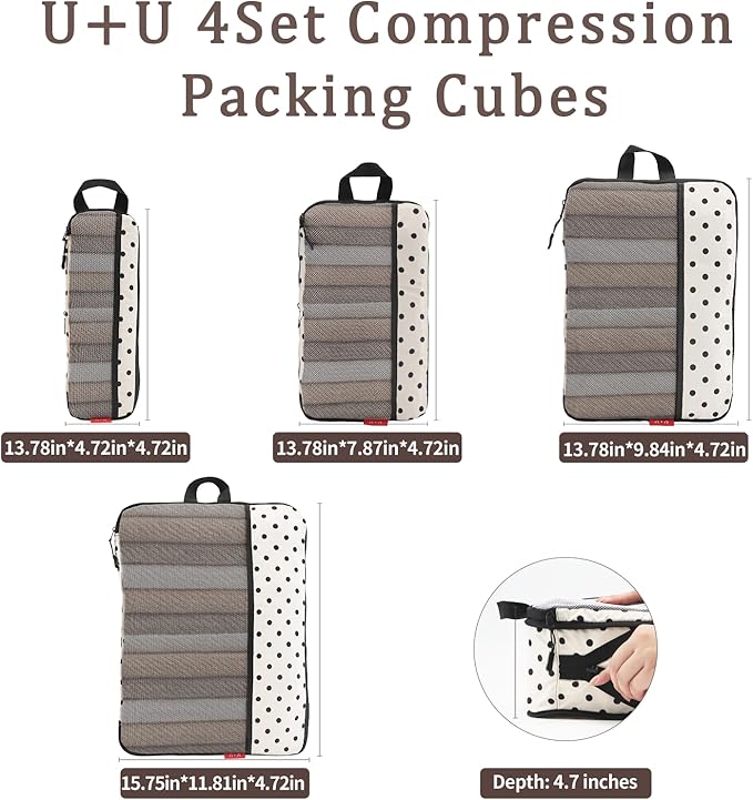 U+U 4 Set Compression Packing Cubes - Ultralight Travel Organizers, Space-Saving Suitcase Organizer, Expandable Packing Cubes for Travel, Business Trip and Family Vacation (Polka Dot)
