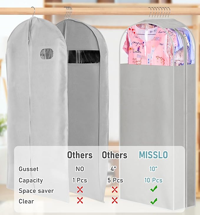 MISSLO 10" Gusseted Garment Bags for Hanging Clothes 50" Long Dress Bags for Closet Storage Dress Cover for Suits, Coats, 3 Packs, Grey