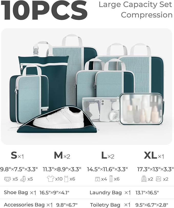 Percover Compression Packing Cubes 10-Piece Set, Packing Cubes Compression for Travel with Toiletry Bag, Laundry & Shoe Bag, All-in-One Travel Organizer for Carry On & Checked Luggage, Peacock Green
