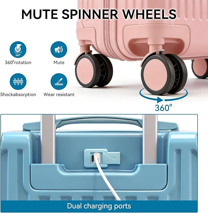 Carry On Luggage with Spinner Wheels,PC Hard Shell Suitcase with USB Port,Lightweight Travel Luggage Airline Approved for Men Women,Nude pink,3-Piece Set (14/20/24)
