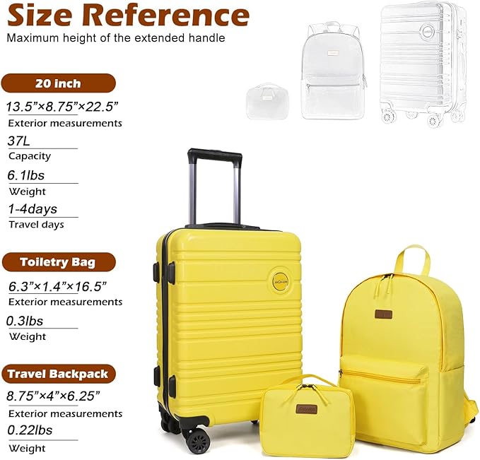 ABS+PC Carry on Luggage set with backpack 3 Pcs suitcace with Spinner wheels TSA Lock 20-In hardshell Lightweight Luggage set(Yellow)