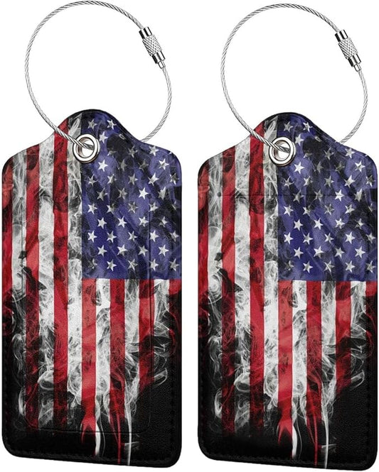 2 Pack American Flag Luggage Tags for Suitcases Unique Us Leather Luggage Tags Identifiers Privacy Cover Id Label with Stainless Steel Loop for Women Men Boys Girls Travel (American Flag)