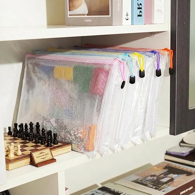 EOOUT 24pcs A4 Zipper Pouch Bags, Mesh Pouch Bags with Labels for Board Games & Puzzles Supplies, Waterproof Document Zipper Cases for School Toys Office Cosmetics Travel Storage,8 Colors