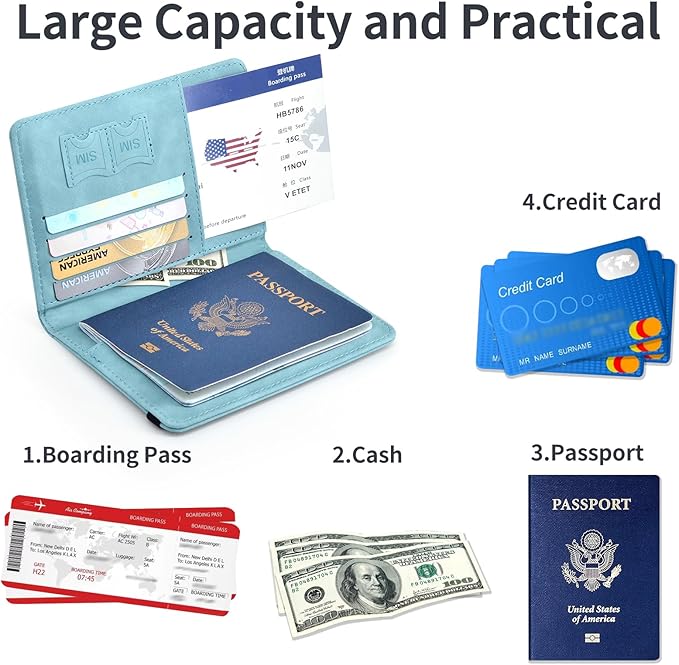 Passport Holder, Passport Cover with Credit Card Slot and Boarding Pass Slot Combo, Passport Wallet Case Book Travel Must Have, RFID Blocking Leather Travel Accessories, Sky Blue