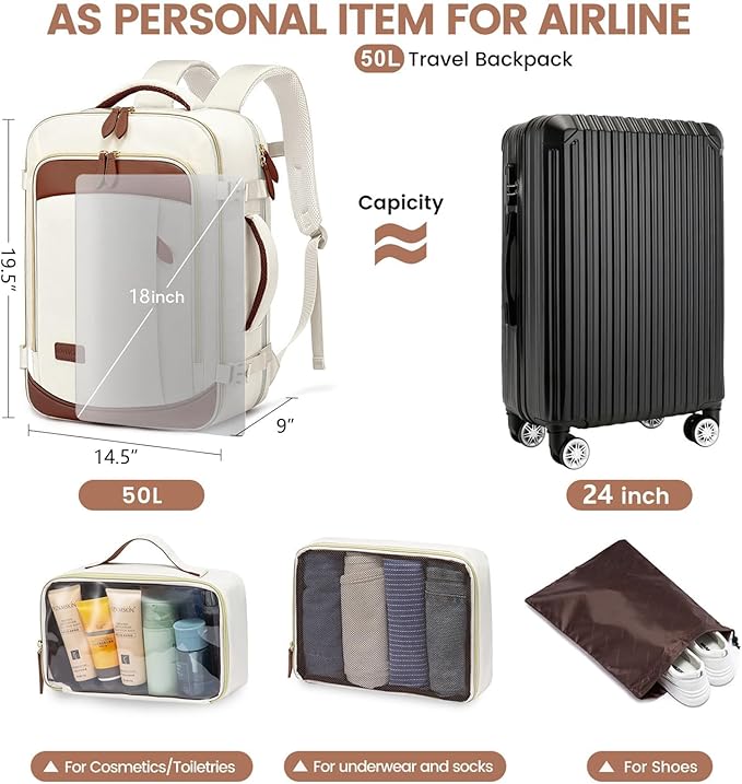 LOVEVOOK Travel Backpack Carry On Airline Approved, 50L Large Backpack with 3 Packing Cubes, TSA Travel Essentials Carry On Bag, Waterproof Weekender Overnight Luggage Daypack, Fits 18 Inch Laptop