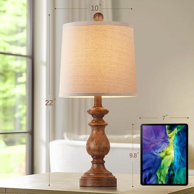 Traditional Table Lamp Set of 2, Rustic Farmhouse Table Lamps for Living Room Bedroom, 22" Bedside Desk Lamps Vintage Nightstand Lamps with Linen Shades, Wood Grain