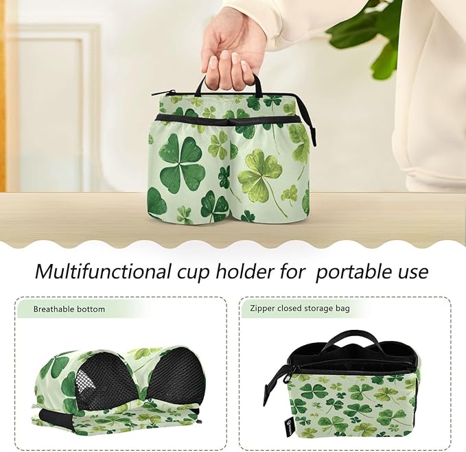 Green Natural St Patrick Clovers Luggage Cup Holder Travel Portable Free Hand Drink Carrier Suitcase Drinks Beverage Holder Carry-On Bottle Mug Holder Organizer Bag Travelers Accessories