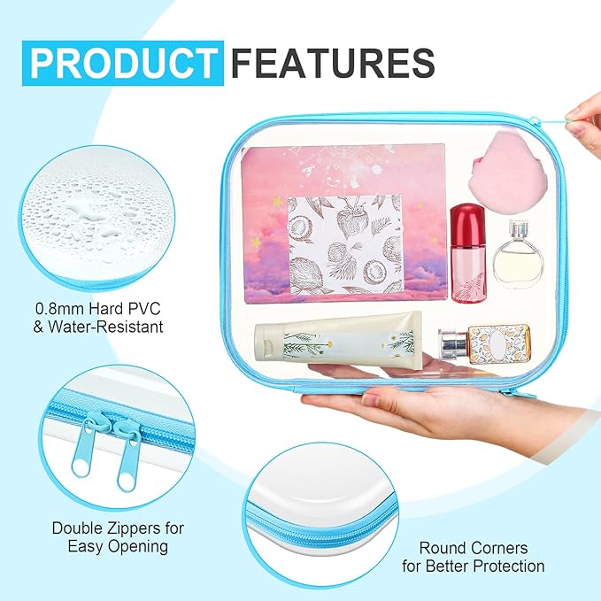 Sanwuta 6 Pcs Clear Hard Zipper Case Plastic Zipper Pouches Transparent Makeup Bag Pencil Case Pouches Toiletry Diaper Bag for Travel Toy Storage Organizer Bins(Colorful,9.84 x 7.87 x 2 Inch)