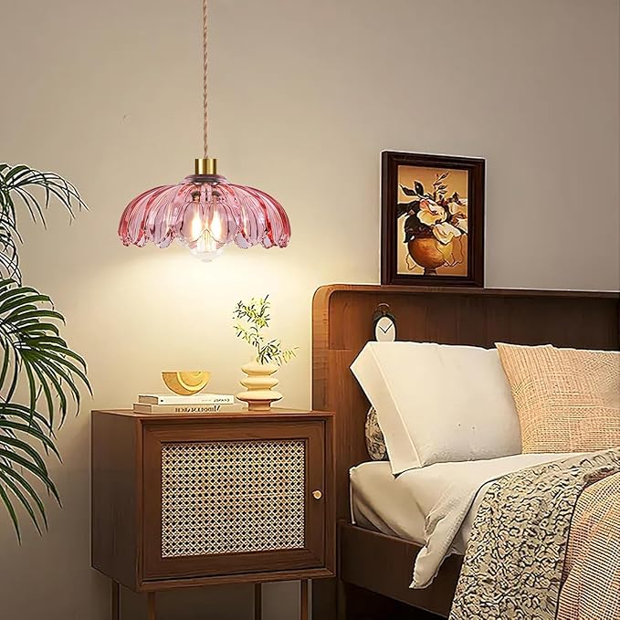 QIYIZM Pink Plug in Pendant Light Glass Hanging Lights with Plug in Cord Boho Hanging Lamp Gold Mid Century Modern Vintage Dimmable Flower Plug in Chandelier Ceiling Fixture for Living Room,Bedroom