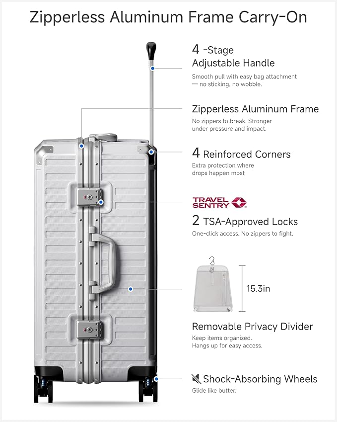 Checked Luggage with Spinner Wheels, 8010S Aluminum Frame Zipperless Polycarbonate Hard Shell Suitcase (ZX-Core, Silver, 24 Inch)