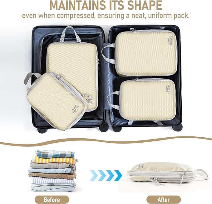 6 Set Compression Packing Cubes, Suitcase Organizer, Lightweight Travel Essentials, Compression Bags For Travel Accessories Luggage Storage Set (6Pcs, Beige)