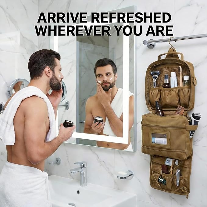 Mens Toiletry Travel Bag, Tactical Toiletry Bag for Men, Bathroom Hanging Travel Toiletry Bag for Men Shaving Hygiene Bag Travel Toiletry Organizer Short Trips Bag, Khaki