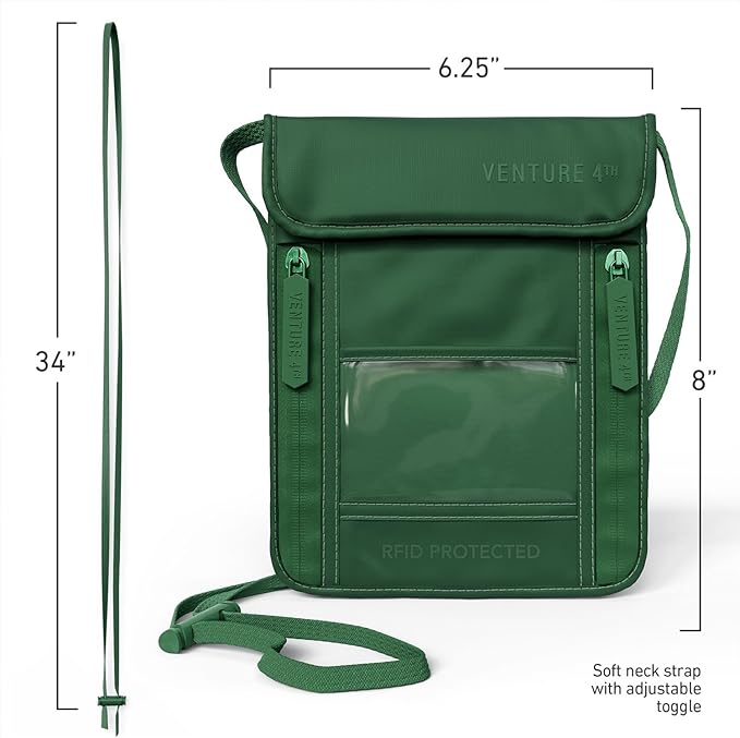 VENTURE 4TH Neck Wallet for Women & Men – RFID Blocking Passport Holder for Travel, Hidden Neck Pouch with 6 Compartments, Slim Lightweight Travel Organizer with Adjustable Strap (Sleek Green)
