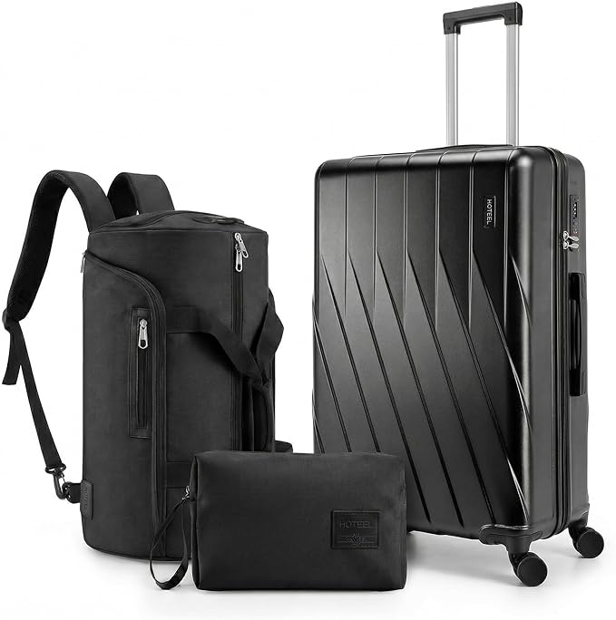 Hoteel Luggage Sets 3 Piece PC Hardside, 4-Year Warranty, Luggage Set with Spinner Wheels, TSA Lock, YKK Zipper, Lightweight Carry on Luggage, 20" Suitcase with Fitness Duffel & Organizer, Black