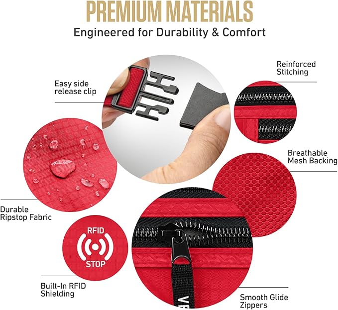 VENTURE 4TH Money Belt for Travel – Hidden Under-Clothes RFID Blocking Passport Holder & Slim Travel Wallet Pouch for Men & Women to Protect Cash, Cards & Documents (Red)