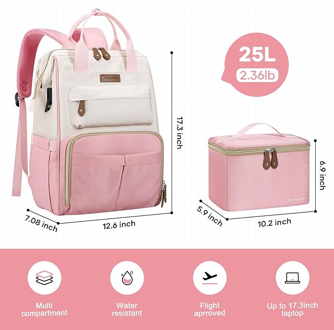 Maelstrom Travel Backpack for Women Men,Laptop Backpack Fits 15.6-17.3 Inch Laptop, Nurse/Work Bag with Insulated Lunch Box (Pink-beige)