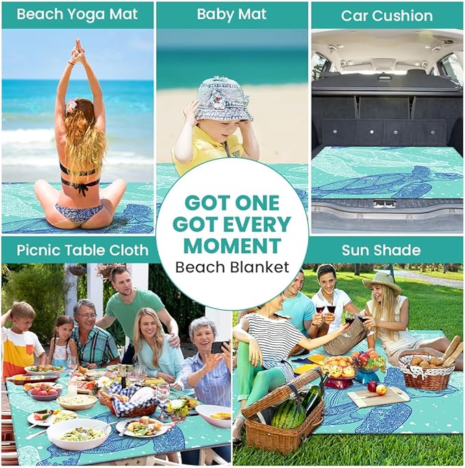 Ainiv Beach Blanket, Large Picnic Mat 210 x 200 cm (4-6 People) Foldable, Sandproof Waterproof, Camping Outdoor Blanket with 6 Fixed Nails for Beach, Hiking, Picnic