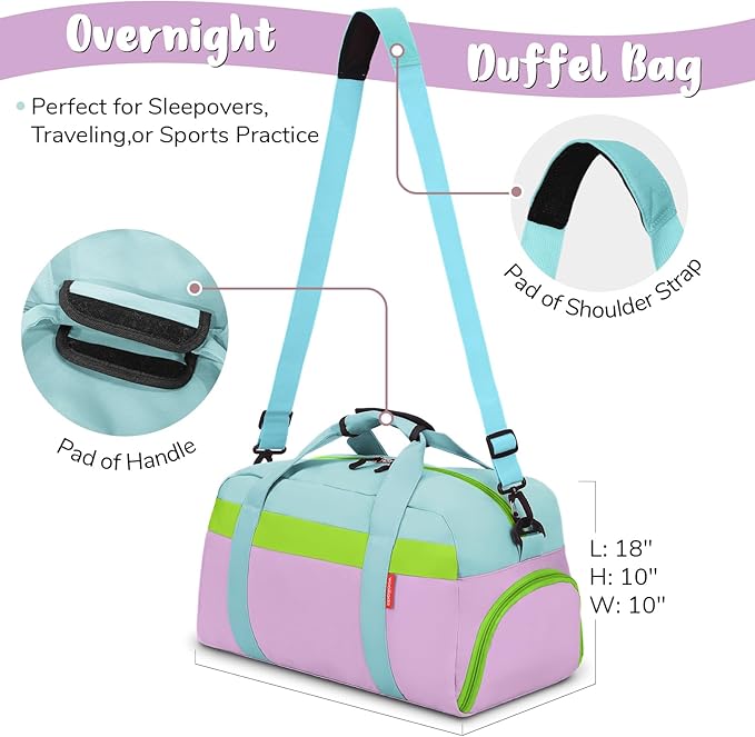WOOMADA Kids Duffle Bag for Boys or Girls, Kids Overnight Bag with Shoe Compartment＆Wet Pocket, Ideal for School Practice, Sports, Travel(blue&purple)