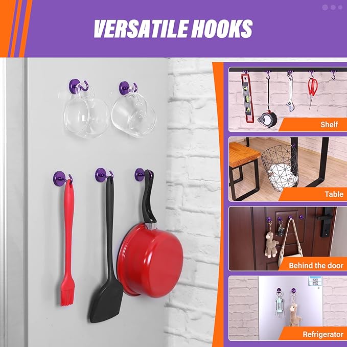 Neosmuk Magnetic Hooks Heavy Duty,Strong Magnet with Hook for Fridge, Super Neodymium Extra Strength Industrial Hooks for Hanging, Magnetic Hanger for Toolbox, Cruise, Grill(Purple,6 Pack)