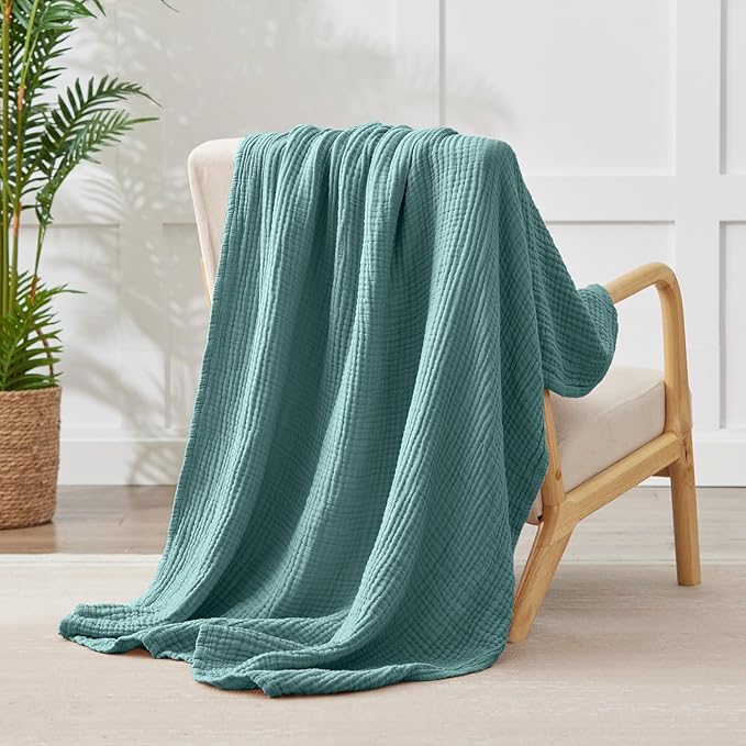 100% Cotton Muslin Blanket 40" x 40", Breathable and Lightweight Cotton Throw Blankets, Soft Cooling Summer Gauze Blanket for All Season, Teal Blue