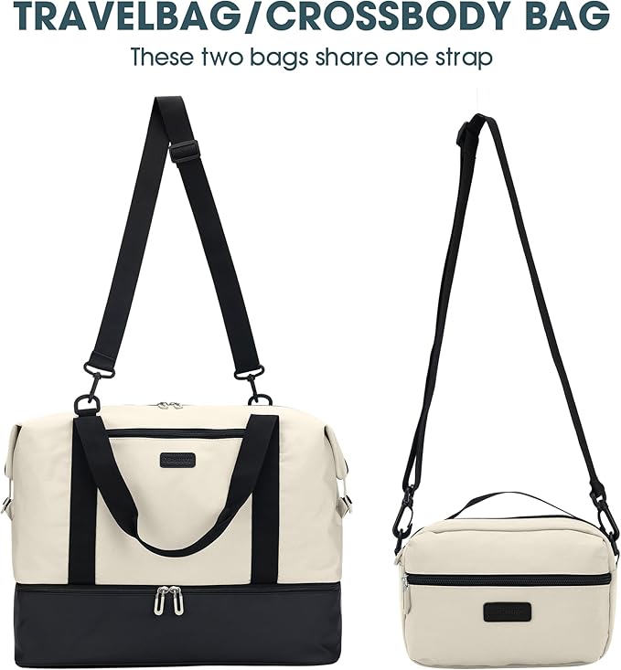 Oeihuivt Weekender Bags for Women - 21 Inch Large Travel Duffel Bag 2-Piece Set with Shoe Compartment, Heavy-Duty Canvas Leather Carry On Overnight Tote