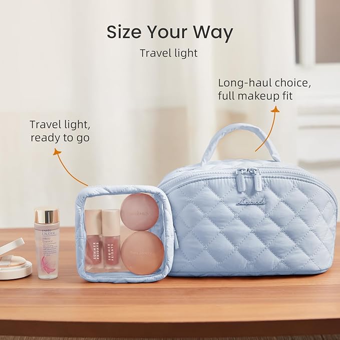LOVEVOOK Travel Makeup Bag for Women, 2Pcs Puffer Waterproof Cosmetic Organizer, Large Capacity Pouch Open Flat Small Toiletry Bag with Brush Compartment & Handle (Blue, Medium)
