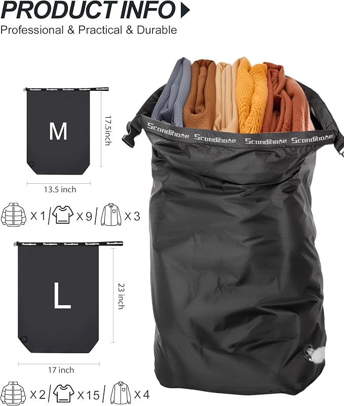 Travel Laundry Bag, Pump-Free Vacuum Compression Dirty Clothes Bag, Small Reusable Waterproof & Washable Laundry Bag, Wet and Dry Bag, Ideal for Suitcases, Road Trip Essentials (1 Pack) Black