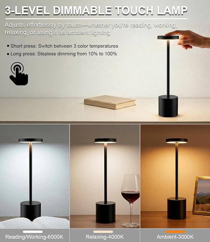 Swinerton Black Cordless Table Lamp, Rechargeable 5000mAh Battery Powered Wireless Table Light, 3 Color Dimmable Lighting, Patio Outdoor Table Lamp, Bedside Night Lamp, Ambient Light for Dining