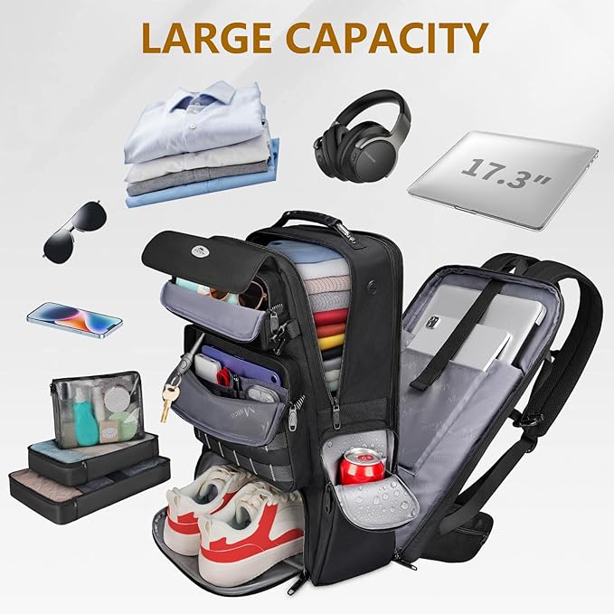 MATEIN Expandable Travel Backpack With Shoe Compartment, 52L Large Suitcase Backpack with Waist Straps, 17 Inch TSA Laptop Backpacks Luggage Carry On Bag With 3 Packing Cubes