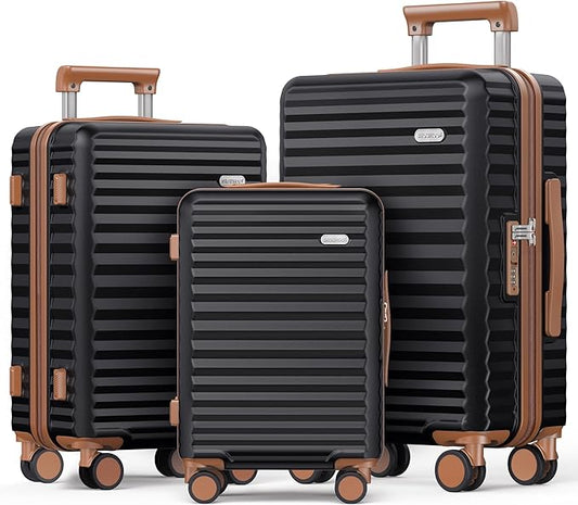 SHOWKOO Luggage Sets 3 Piece Hardside Expandable Suitcase with Double Spinner Wheels Tsa Lock Black (20in/24in/28in)