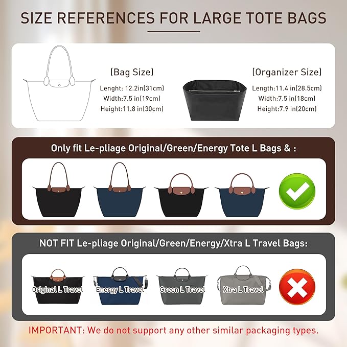 Doxo Upgraded Purse Organizer Insert Compatible with Long Champ Large and More, Ultra-light Waterproof DupontPaper le-pliage Large Bag Organizer, Keeps Tote Handbag Neat(Black&Blue,L)