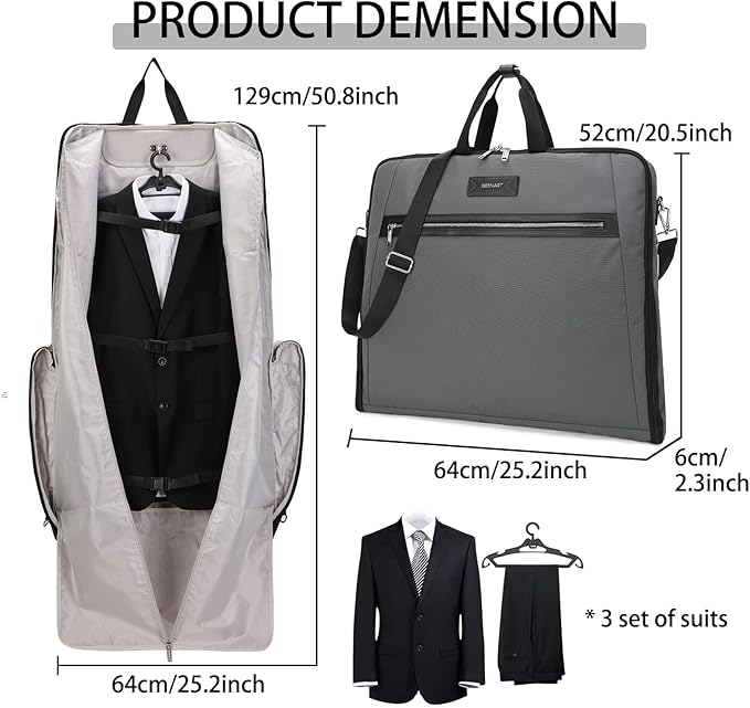 BE SMART Waterproof Foldable Garment Bags for Travel, 51" Large Travel Hanging Bags for Clothes, Carry on Suit Bag with Strap for Men Women, Wrinkle Free Luggage Suit Cover for Business Trips(Grey)