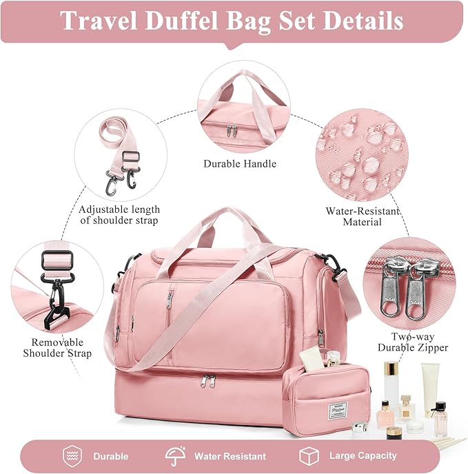 Travel Duffle Bag, Weekender Bags for Women,Overnight Weekend Carry On Personal Item Travel Bag with Shoes Compartment & Toiletry Bag,Pink