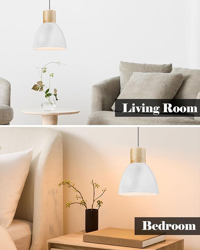 ELYONA 2 Pack Hammered Pendant Light Fixtures, 10.2” Metal & Rubber Wood Island Hanging Lamp, Adjustable Height, Modern Pendant Lighting for Kitchen,Farmhouse Bar,Dining Room,Bedroom, Nordic White
