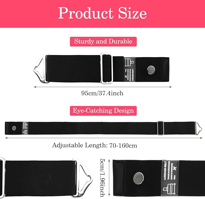 2-in-1 Travel Belt for Luggage Straps Over Handle for Add a Bag, Adjustable Travel Luggage Belt Strap with Alloy Buckle Elastic Belt for Carry On Bag, Suitcase Strap Travel Accessories(Black)
