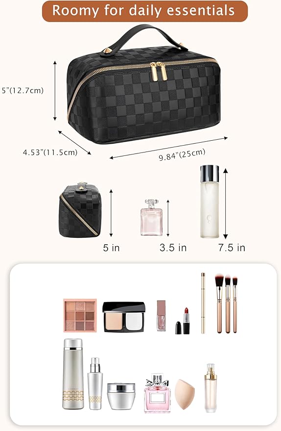 Large Capacity Travel Cosmetic Bag - Portable Makeup Bags for Women Waterproof PU Leather Checkered Makeup Organizer Bag with Dividers and Handle,Toiletry Bag for Cosmetics