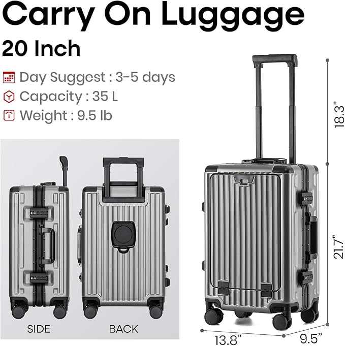 20 Inch Aluminium Frame Carry On Luggage Airline Approved With laptop compartment, Zipperless Hard Shell Travel Suitcase with TSA Approved Cup Holder USB Port Holder for Women Men,Grey