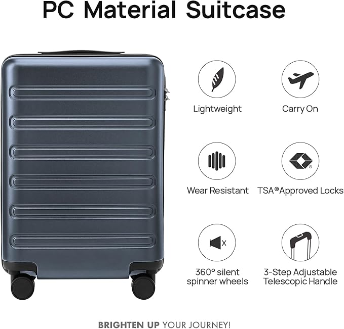 NINETYGO Carry On Luggage 22x14x9 Airline Approved, 20 Inch Luggage with Smooth Double Spinner Wheels, Hard Shell PC+ABS Suitcase Carry-On, Lightweight Travel Luggage, TSA Approved (Grey, Andes)